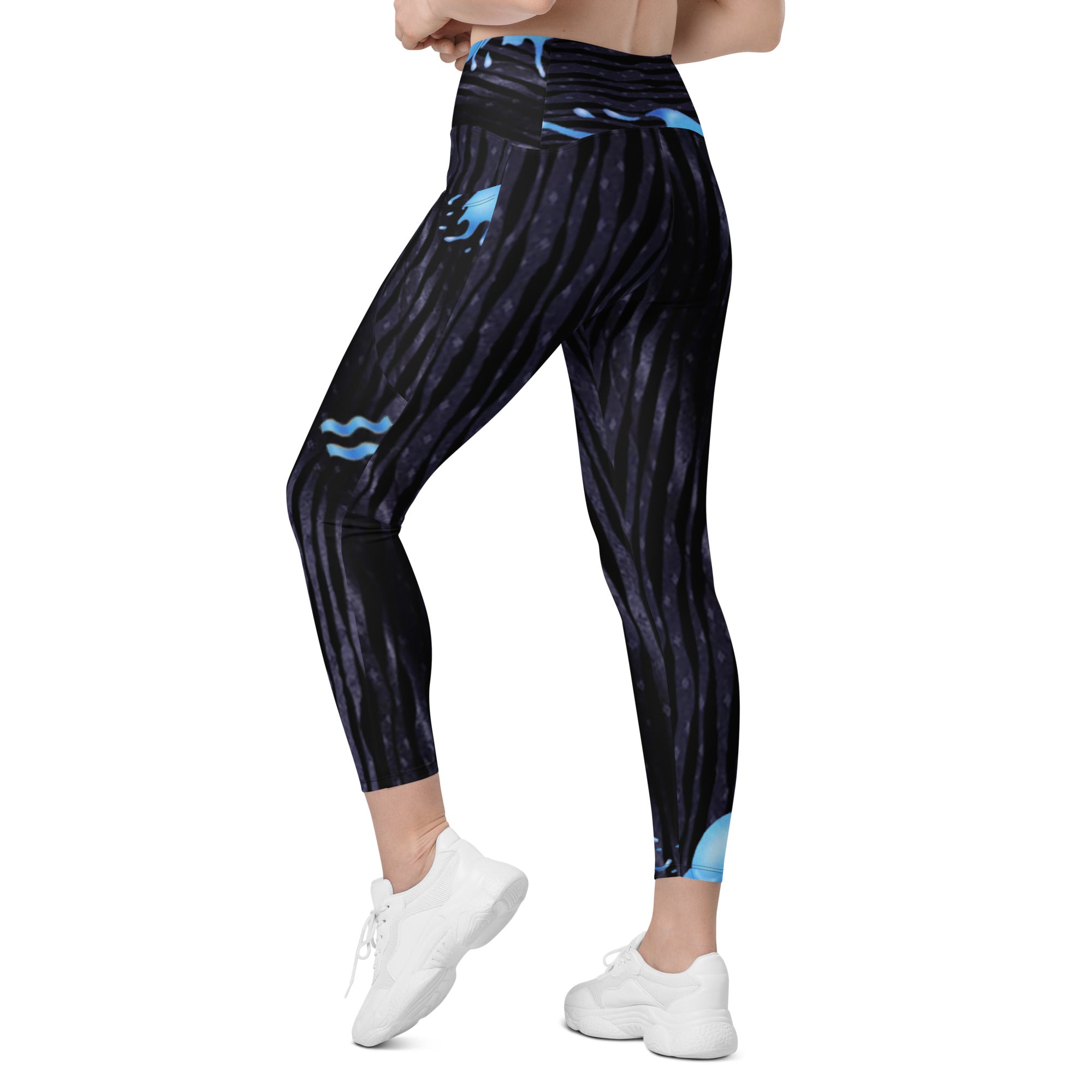 Gym Leggings with Pockets for Aquarius Girls. Zodiac Yoga Pants- Cosmic Aqua by WickedYo.